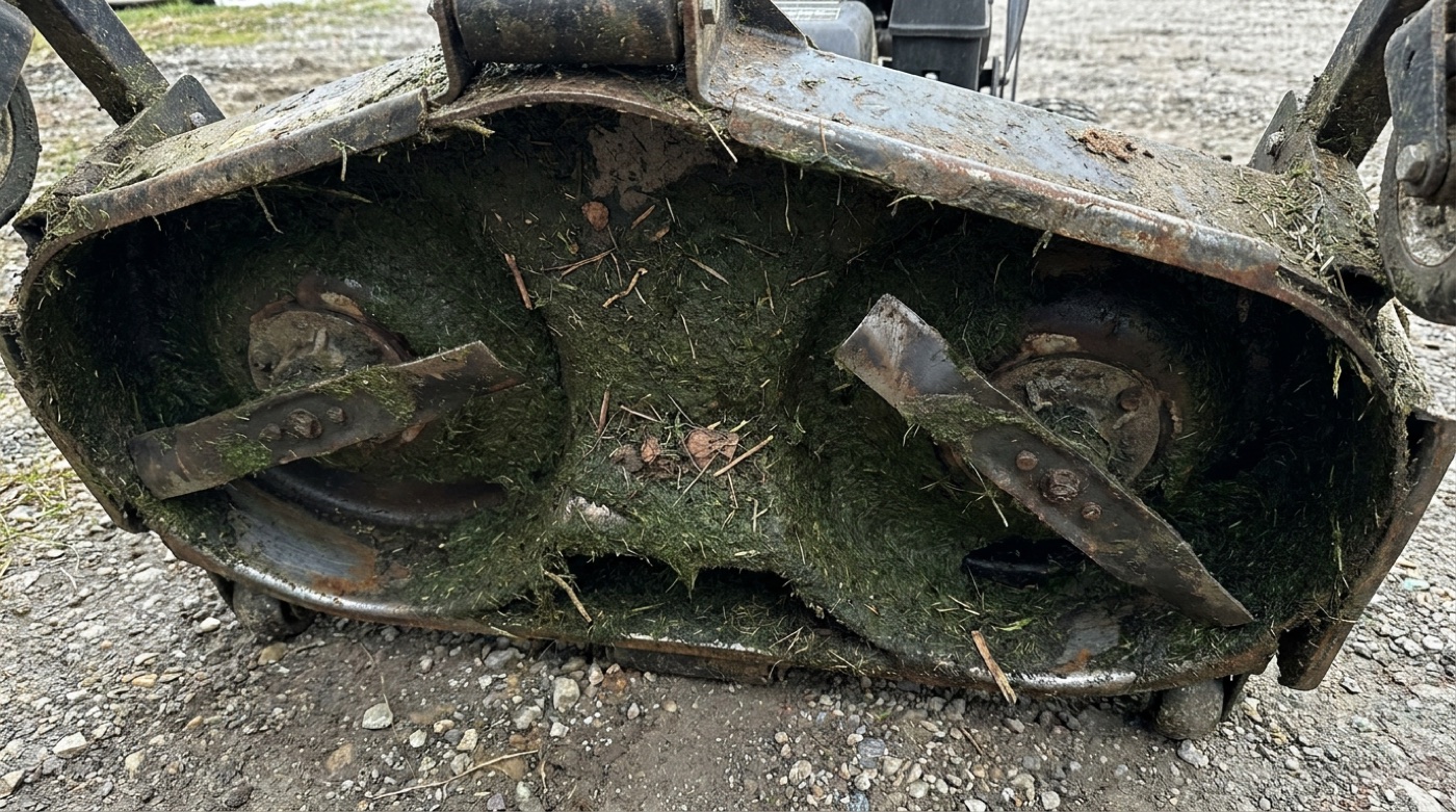 A mower deck caked with grass clippings