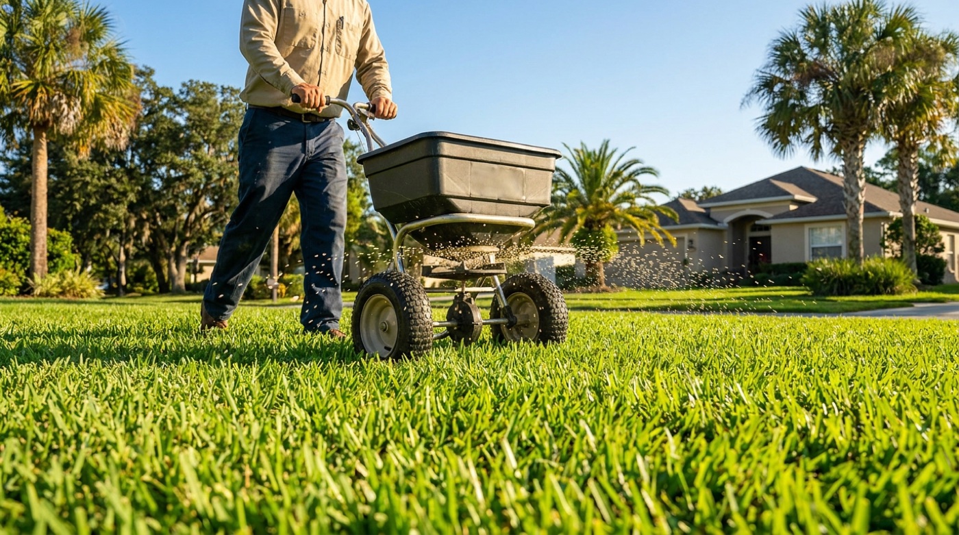 Spreading fertilizer on a lawn