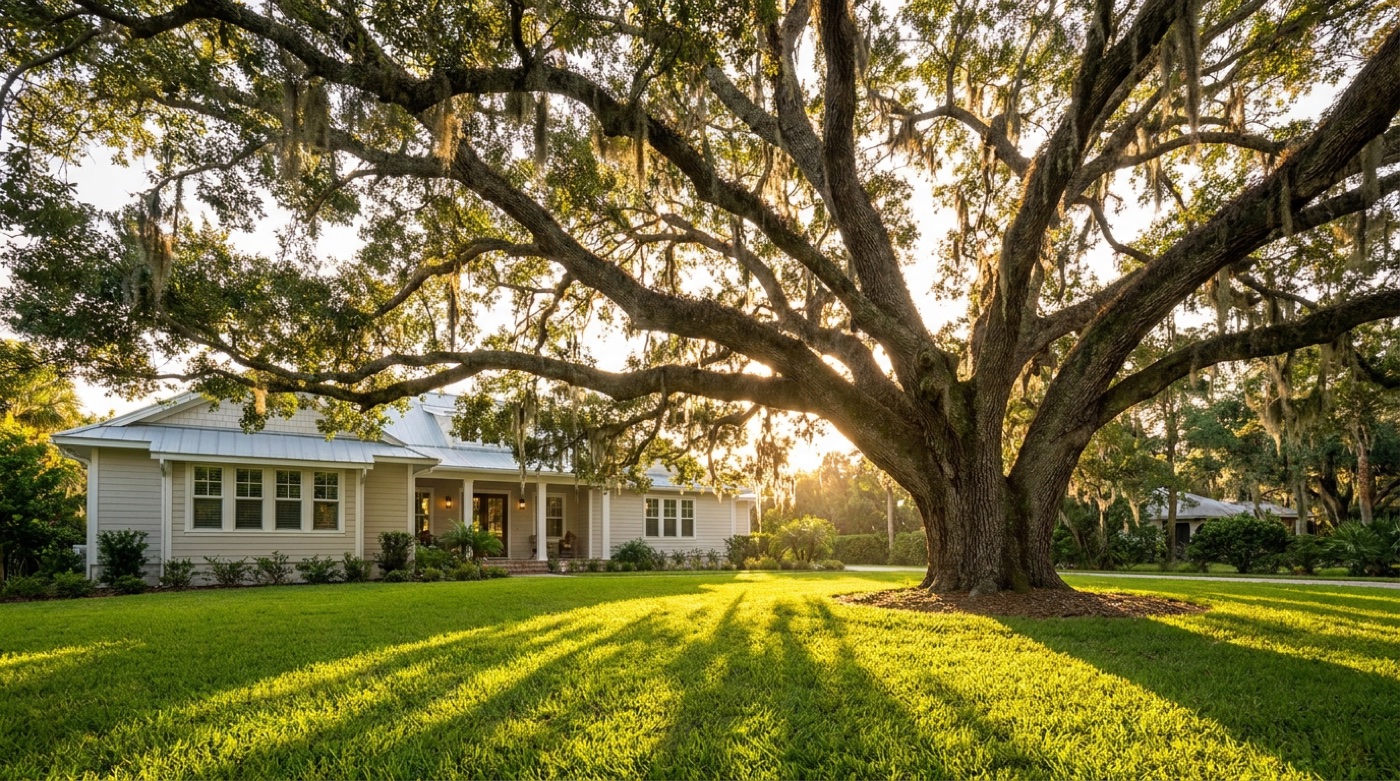 A large live oak shading a yard