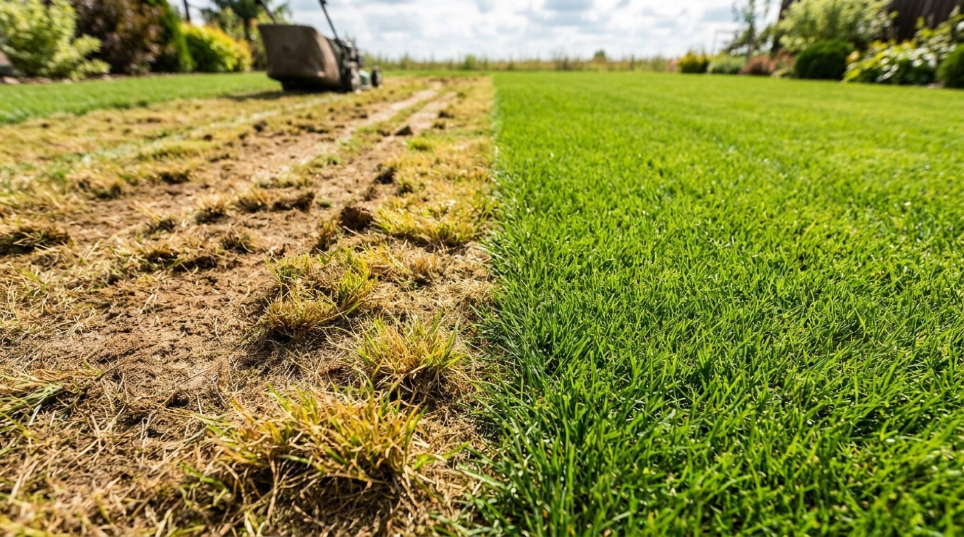 Scalped lawn next to healthy grass