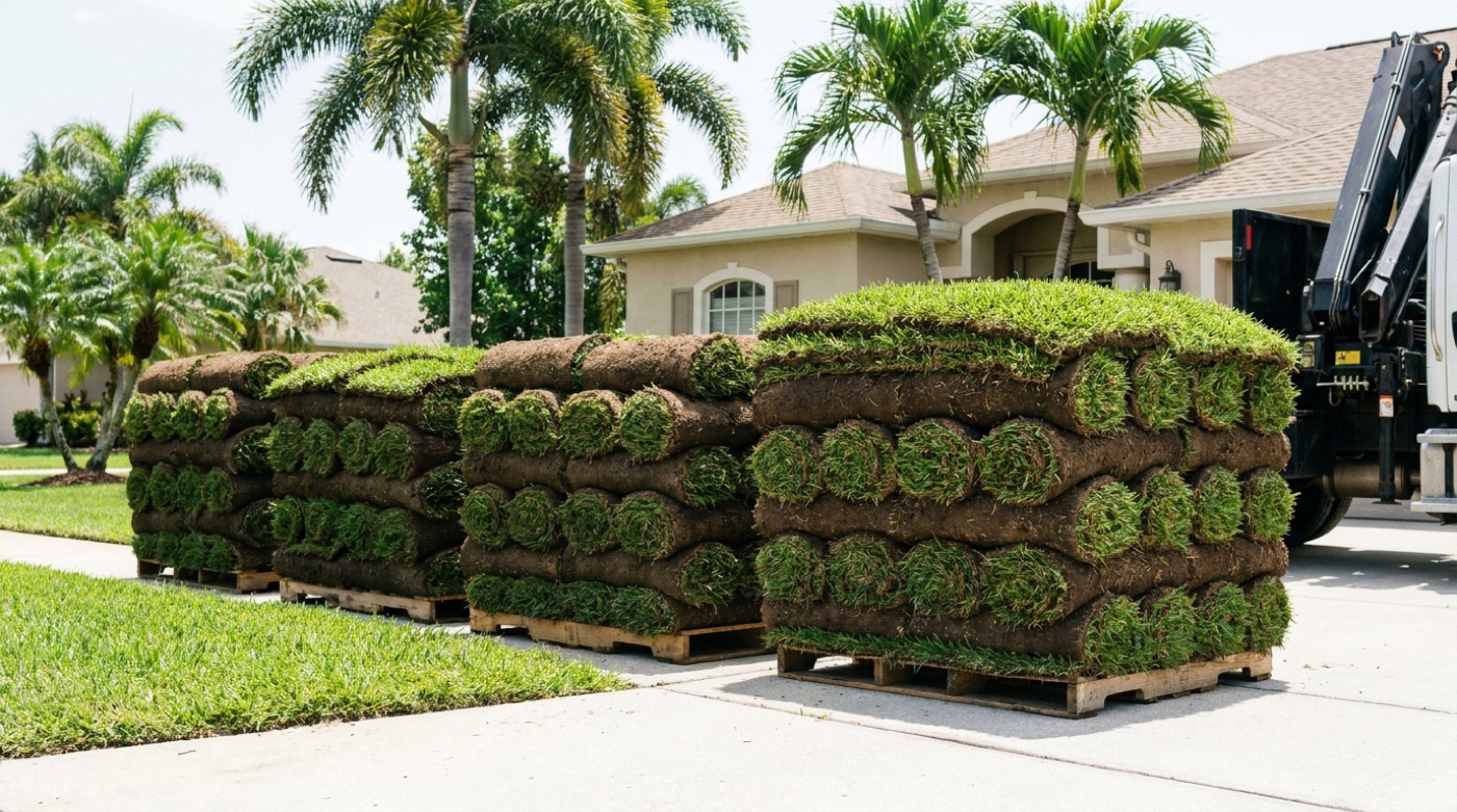 Rolls of fresh sod ready to install