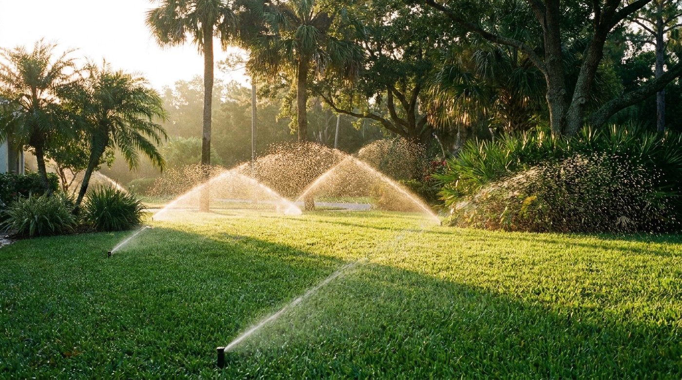 Sprinklers watering a lawn at dawn