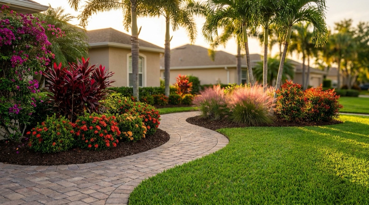 Curved paver walkway through colorful Florida-friendly planting beds with croton, ixora, and muhly grass