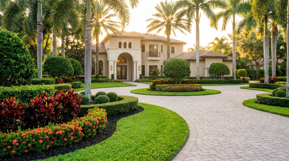 Luxury Florida estate front yard with circular paver driveway, royal palms, and manicured tropical beds