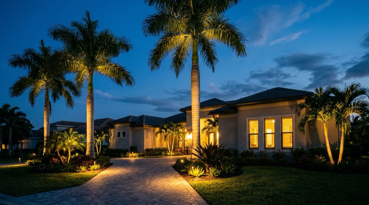 Upscale Florida home at dusk with professional landscape lighting and uplit royal palms