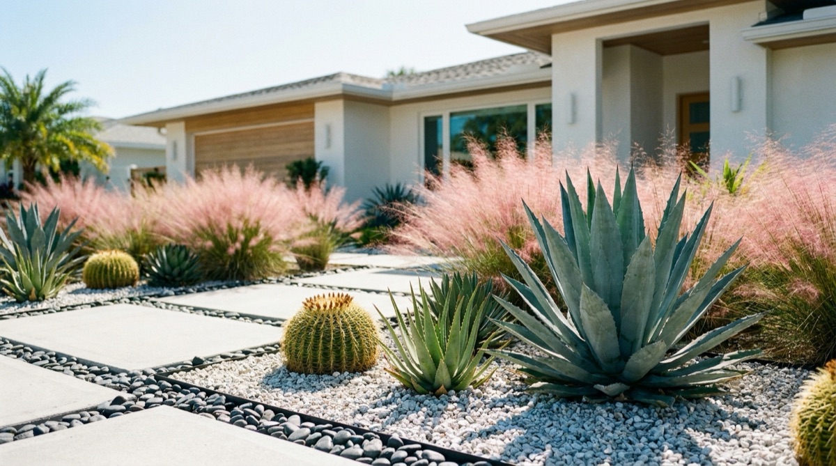 Modern coastal Florida home with low-water xeriscape, agave, ornamental grasses, and gravel