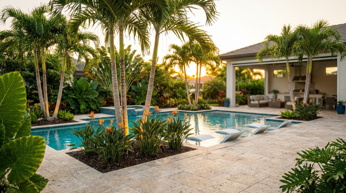 Resort-style Florida backyard with pool, travertine deck, palms, and uplit tropical landscaping