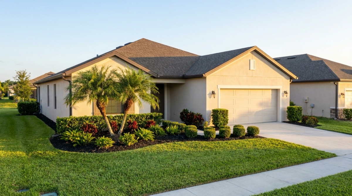 Central Florida single-story suburban home with landscaped mulch beds, palms, trimmed shrubs, and manicured lawn